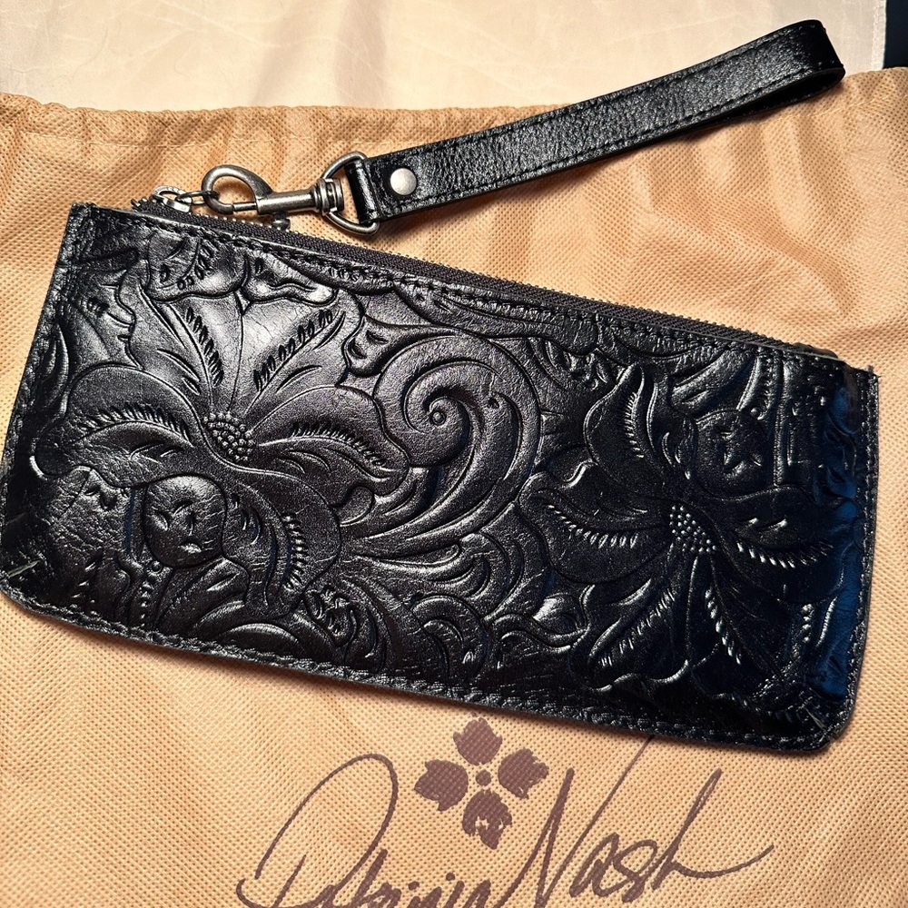 Patricia Nash - black Cassini style tooled work leather wristlet